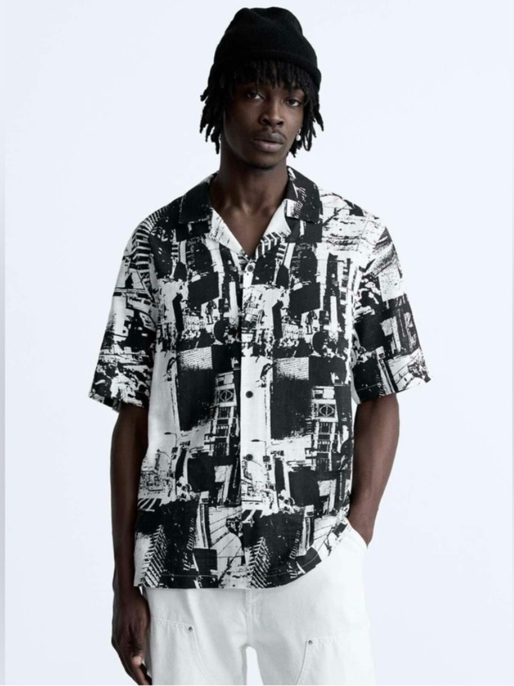 ZARA Men’s Black & White Short-Sleeve Linen Shirt, Abstract Cityscape Design, M